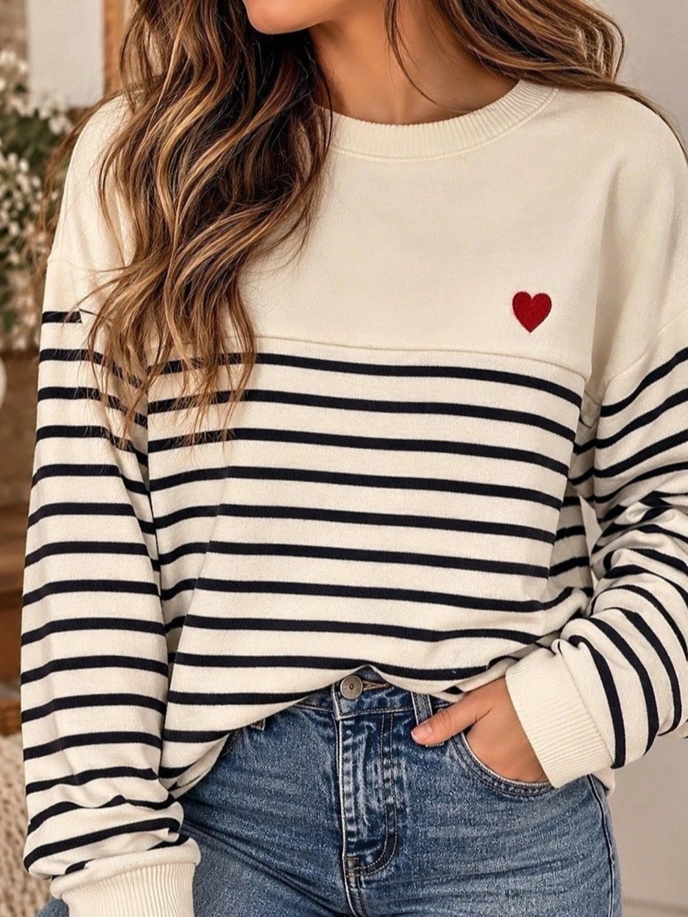 Medium | Workshop Republic | Cream Navy Striped Heart Pullover Sweater